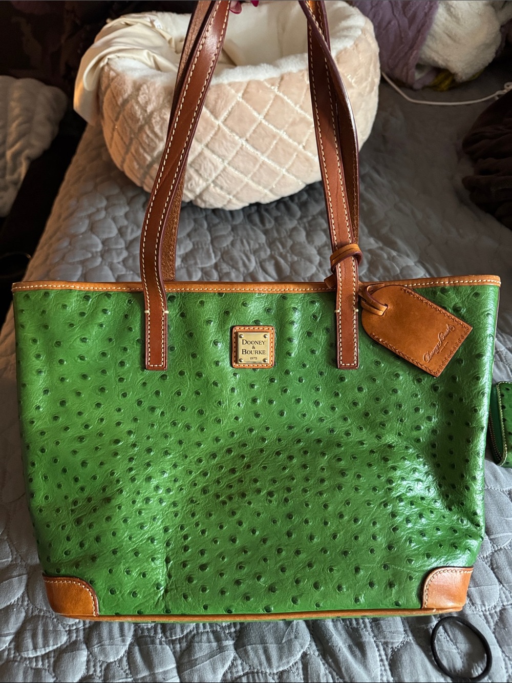 Dooney & Bourke Green Ostrich-Embossed Tote with Brown Trim and Matching Wallet - Picture 2 of 9